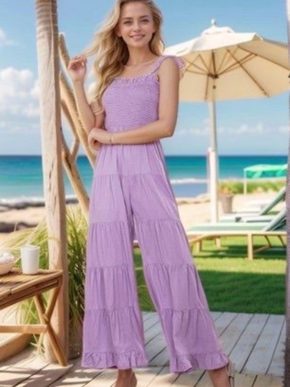 HEIMISH USA Lavender Smocked Wide-Leg Jumpsuit with Tiered Pants